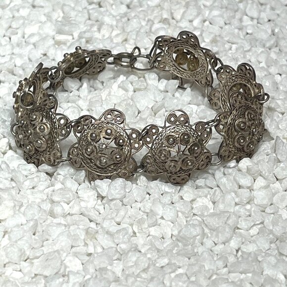 Vintage Ornate Silver-Tone Filigree Link Bracelet - Picture 1 of 7